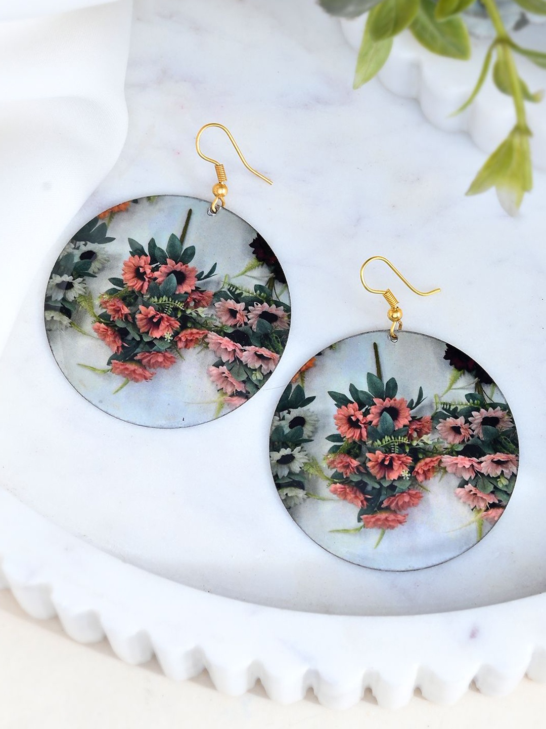 

Silvermerc Designs Leaf Printed Circular Shaped Drop Earrings, Red