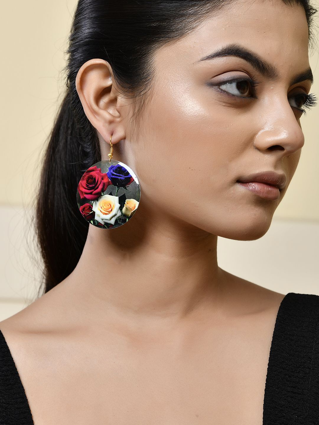 

Silvermerc Designs Rhodium-Plated Floral Rose Design Drop Earrings, Black