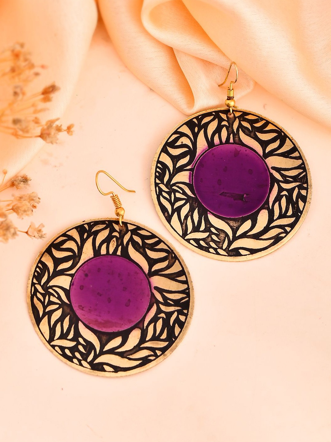 

Silvermerc Designs Gold-Plated Boho Chic Leaf Patterned Round Drop Earrings