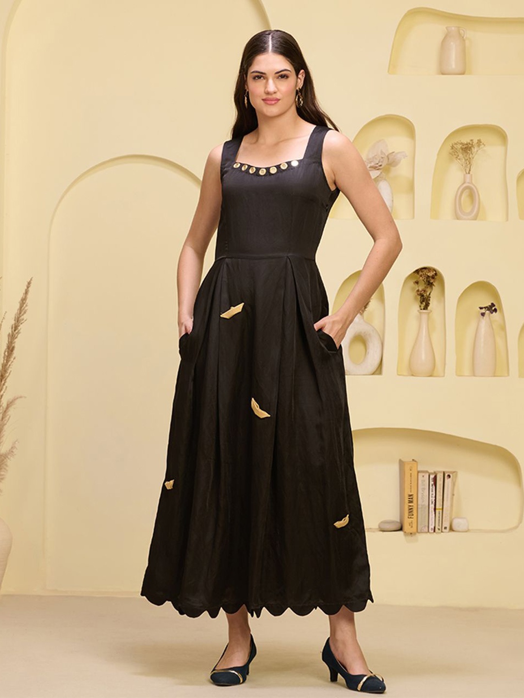 

First Resort by Ramola Bachchan Women Embroidered Applique Shoulder Straps Maxi Dress, Black