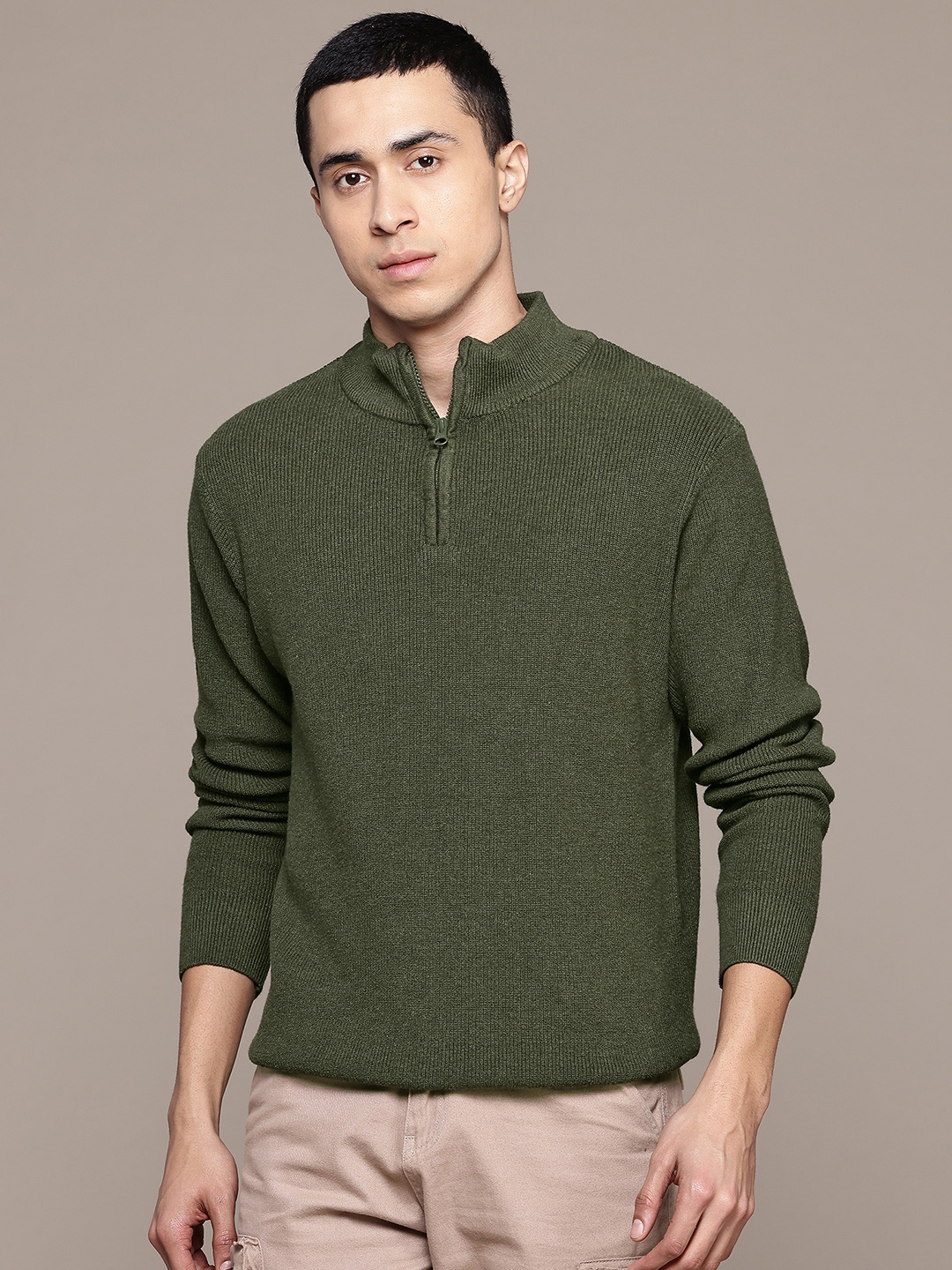 

The Roadster Lifestyle Co. Men Ribbed Pure Cotton Pullover, Green