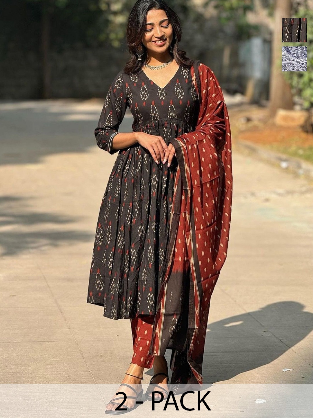 

KALINI Pack of 2 Ethnic Motifs Printed Straight Kurta With Trousers And Dupatta, Black