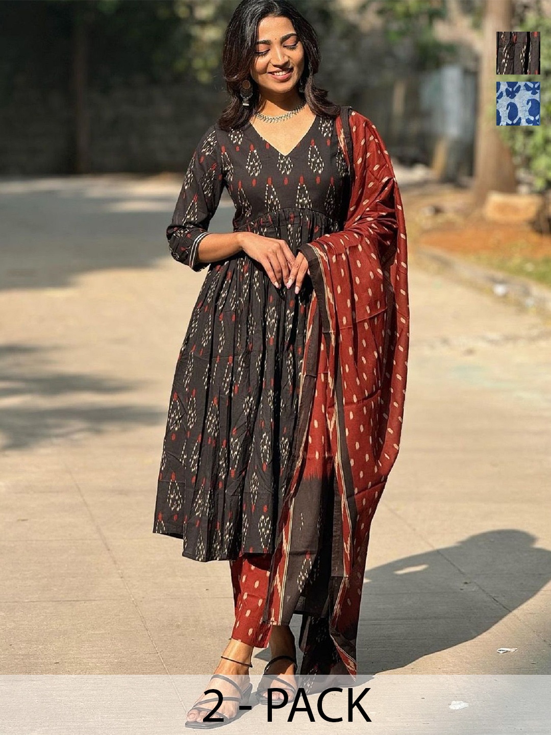 

KALINI Selection of 2 Ethnic Motifs Printed Pleated Kurta With Trousers And Dupatta, Black