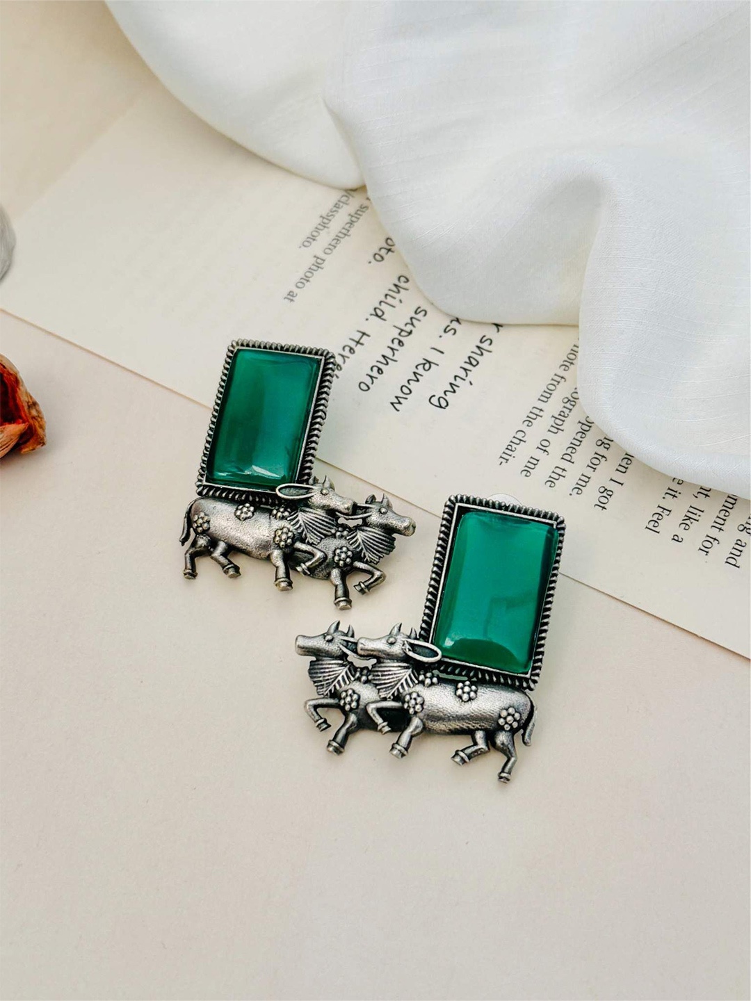 

ABDESIGNS Silver Plating Rectangle Shaped Studs Earrings, Green