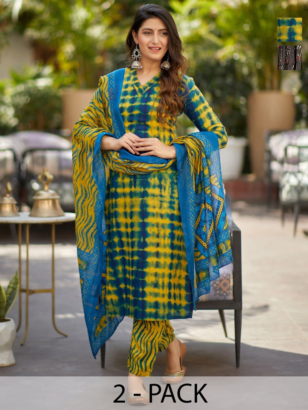 

KALINI Selection Of 2 Shibori Dyed V-Neck Straight Kurta With Trouser And Dupatta, Blue