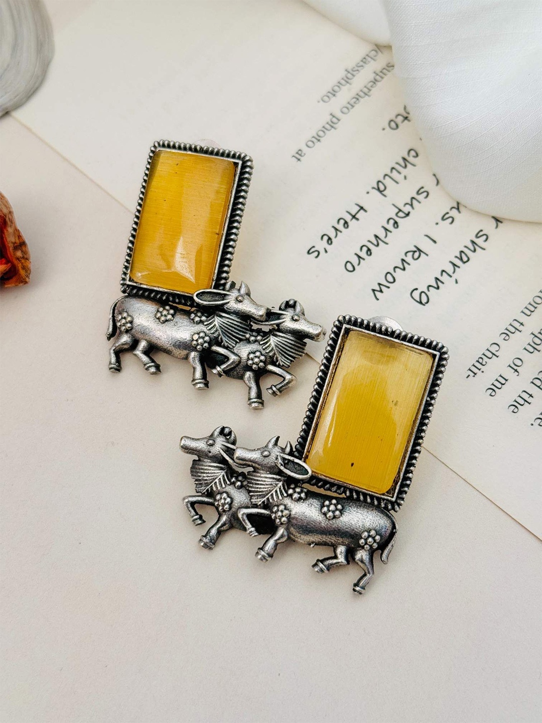 

ABDESIGNS Silver Plating Rectangle Shaped Studs Earrings, Yellow