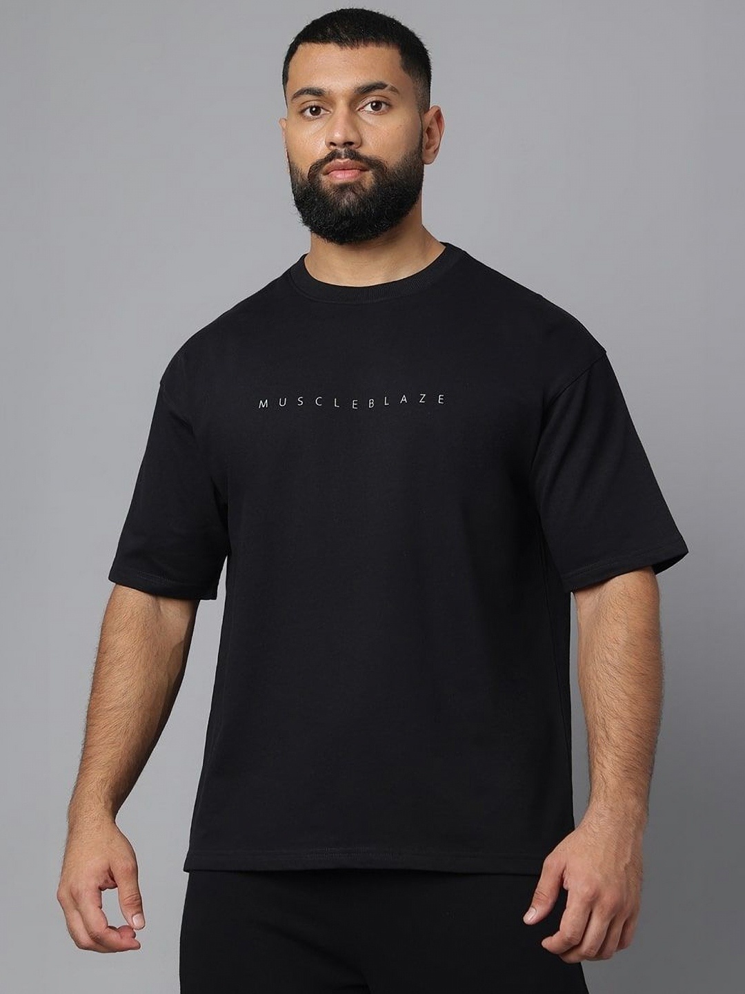 

MuscleBlaze Unisex Typography Printed Round Neck Cotton T-shirt, Black