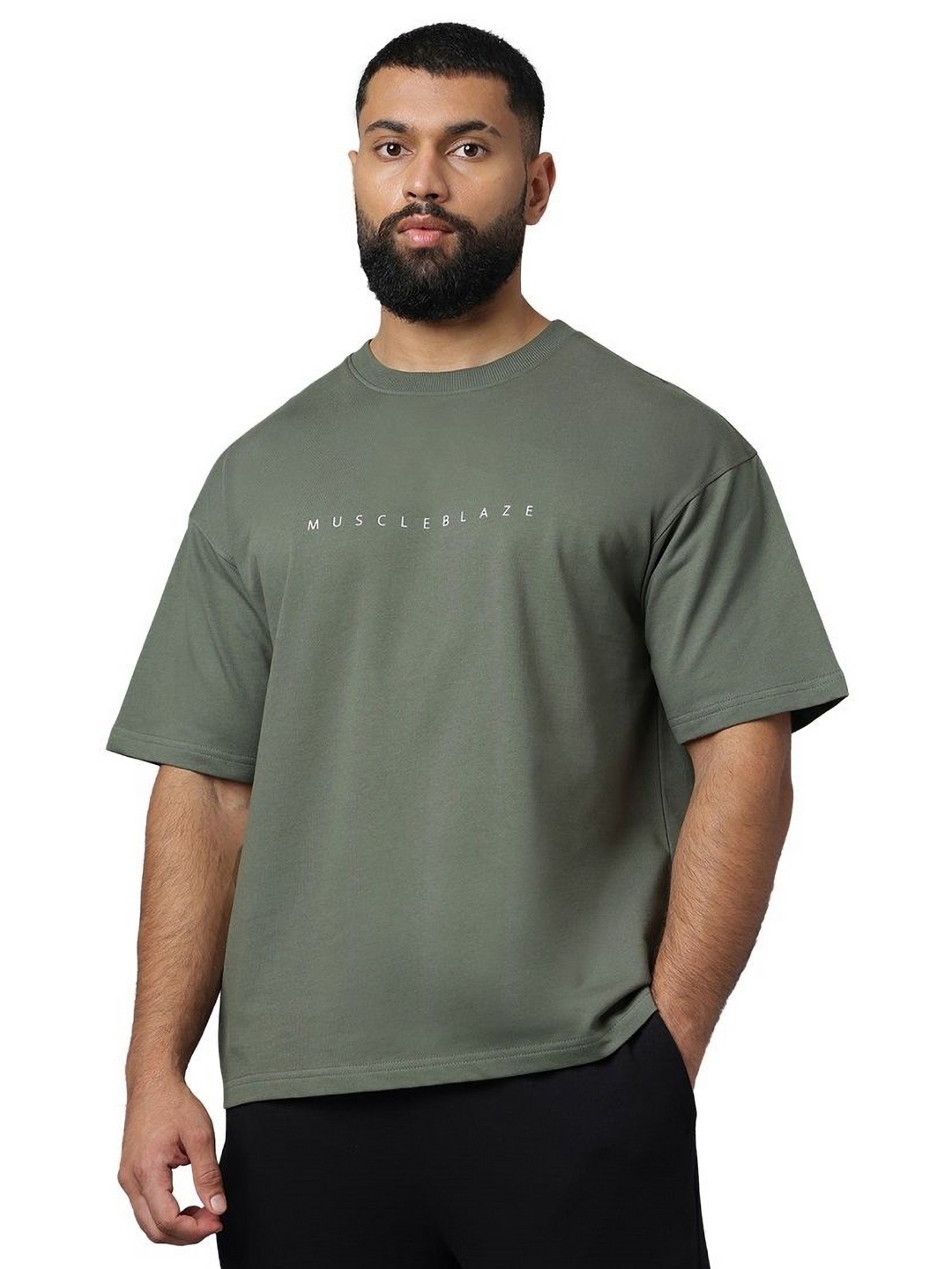 MuscleBlaze Unisex Typography Printed Round Neck Cotton Relaxed Fit T-shirt, Olive