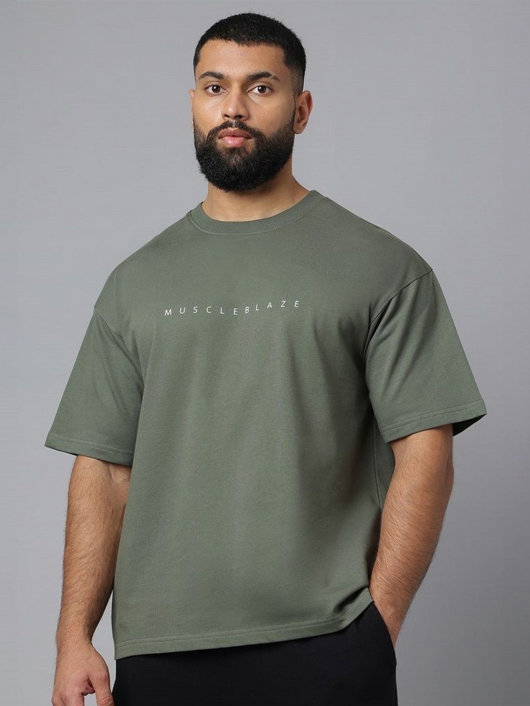 

MuscleBlaze Unisex Typography Printed Round Neck Cotton Relaxed Fit T-shirt, Olive