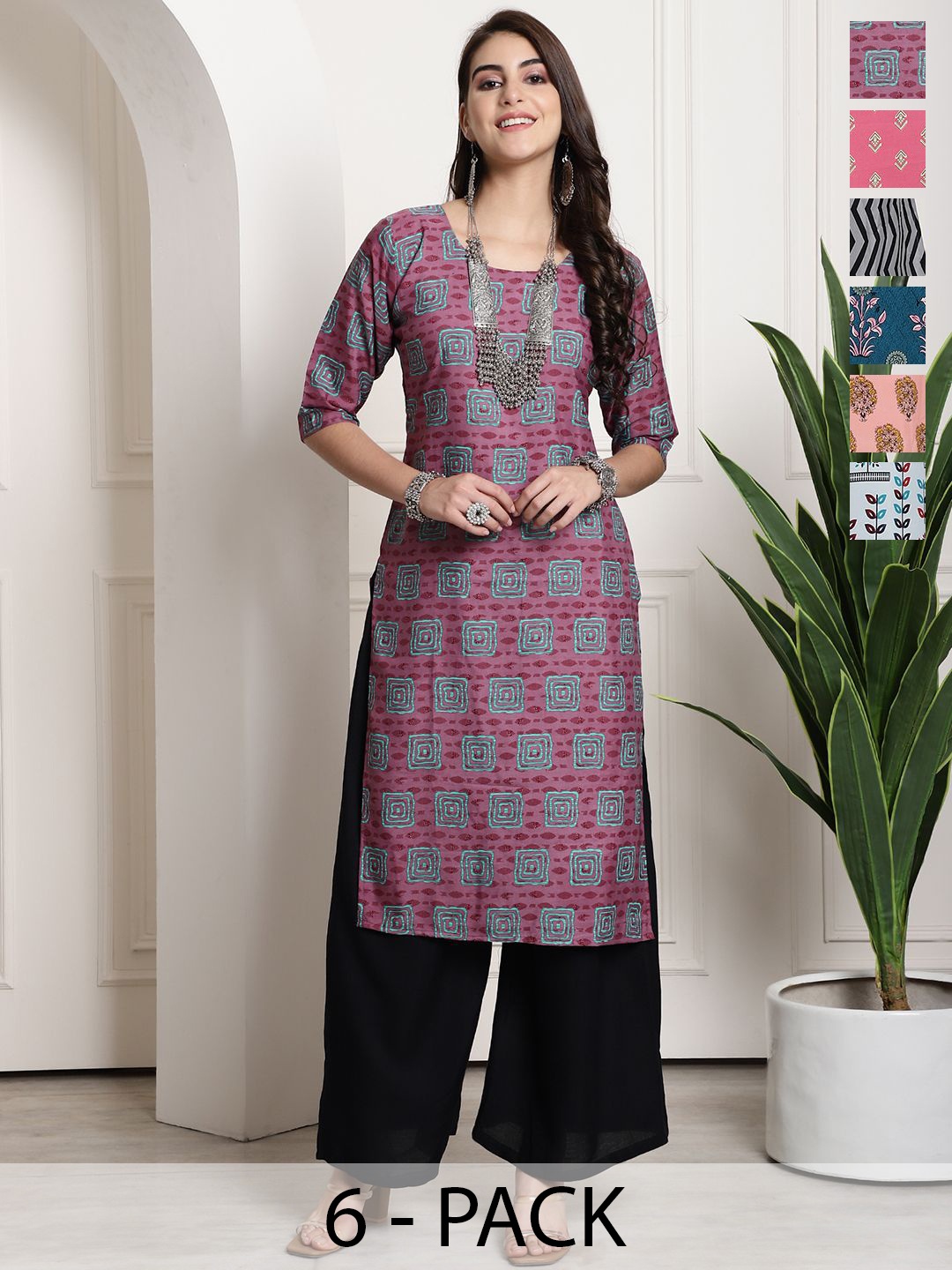 

7Threads Selection Of 6 Ethnic Motifs Printed Round Neck Straight Kurtas, Pink