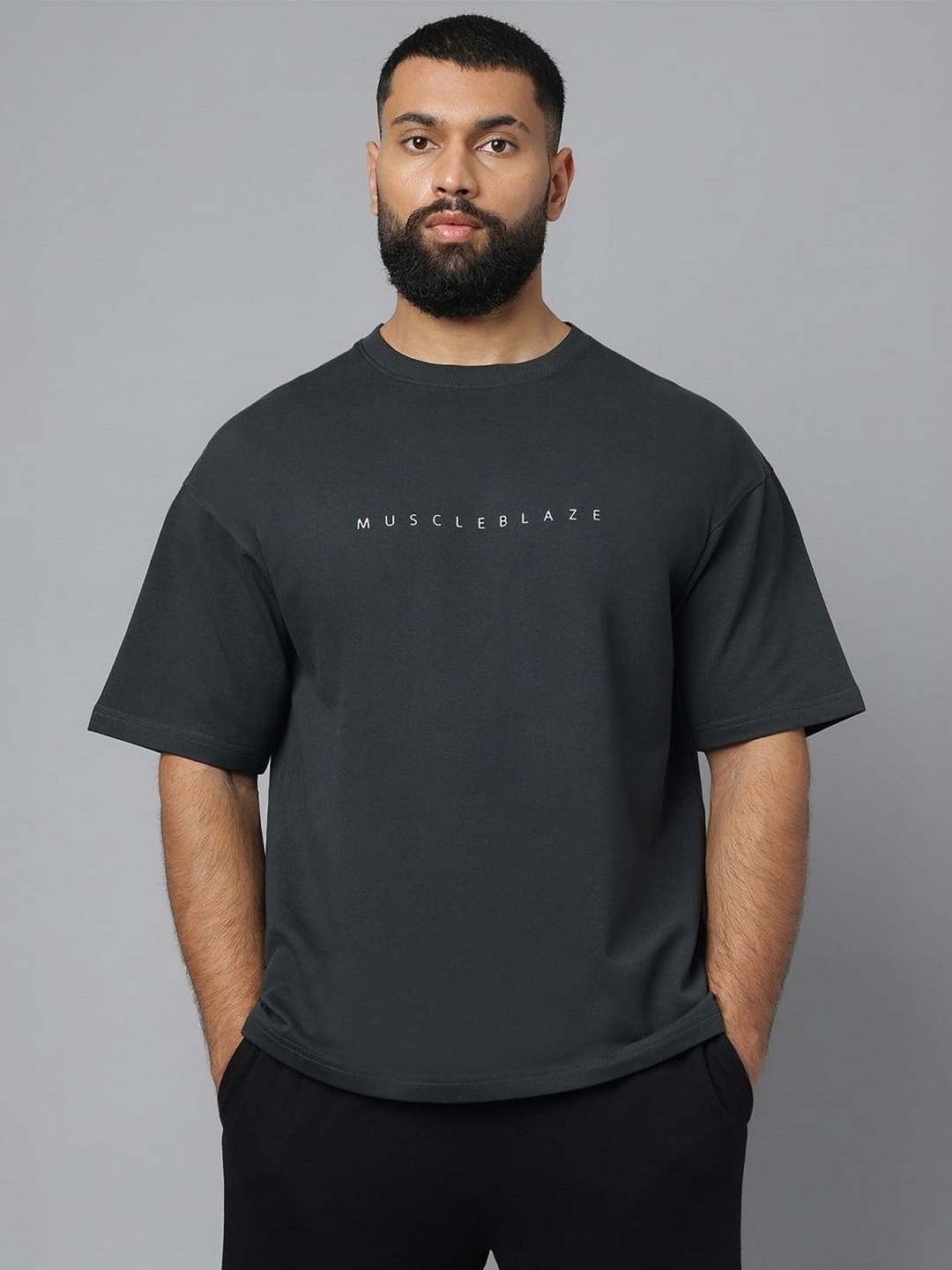 

MuscleBlaze Unisex Typography Printed Round Neck Cotton Relaxed Fit T-shirt, Charcoal