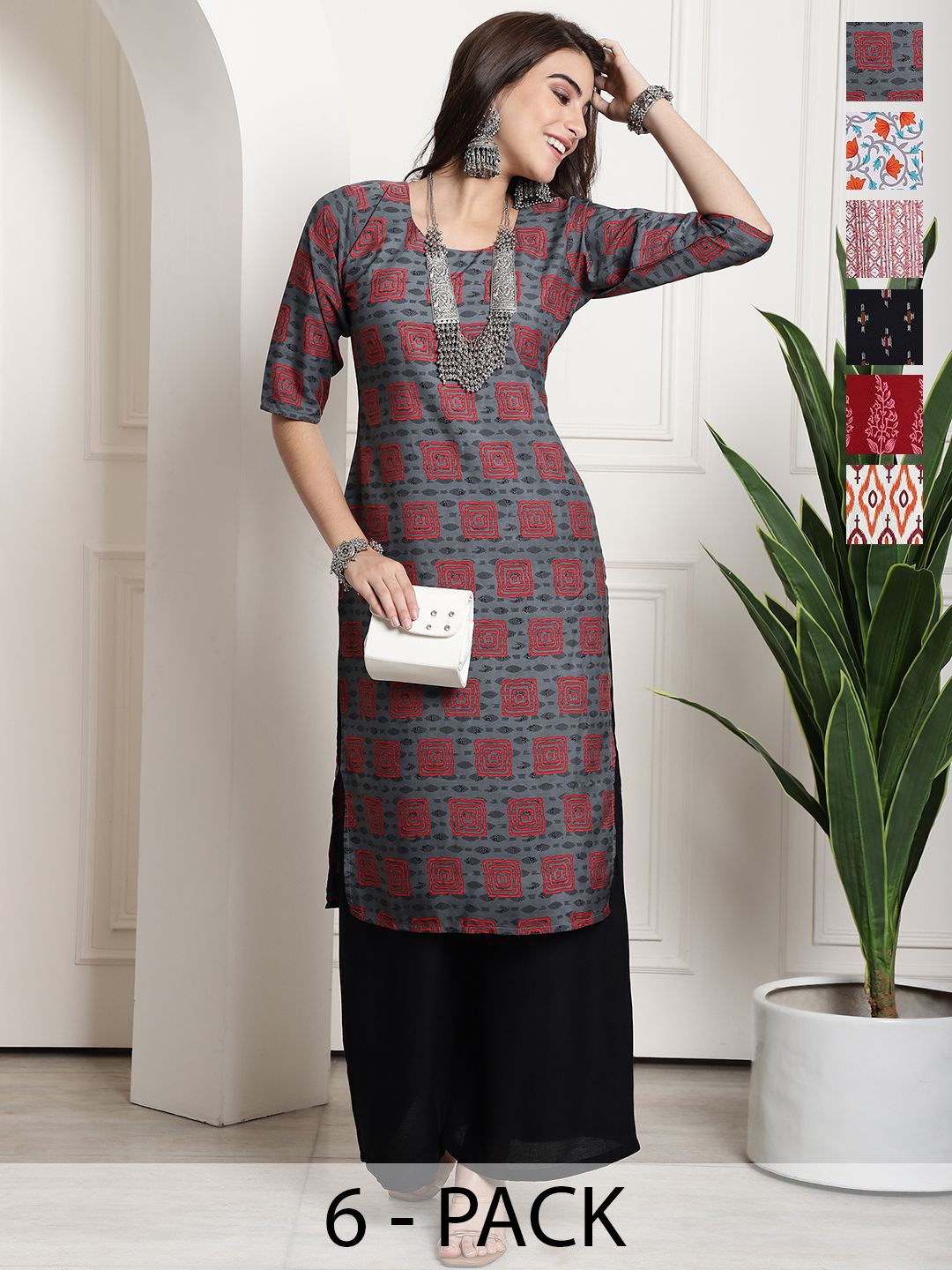 

7Threads Selection Of 6 Ethnic Motifs Printed Round Neck Straight Kurtas, Grey