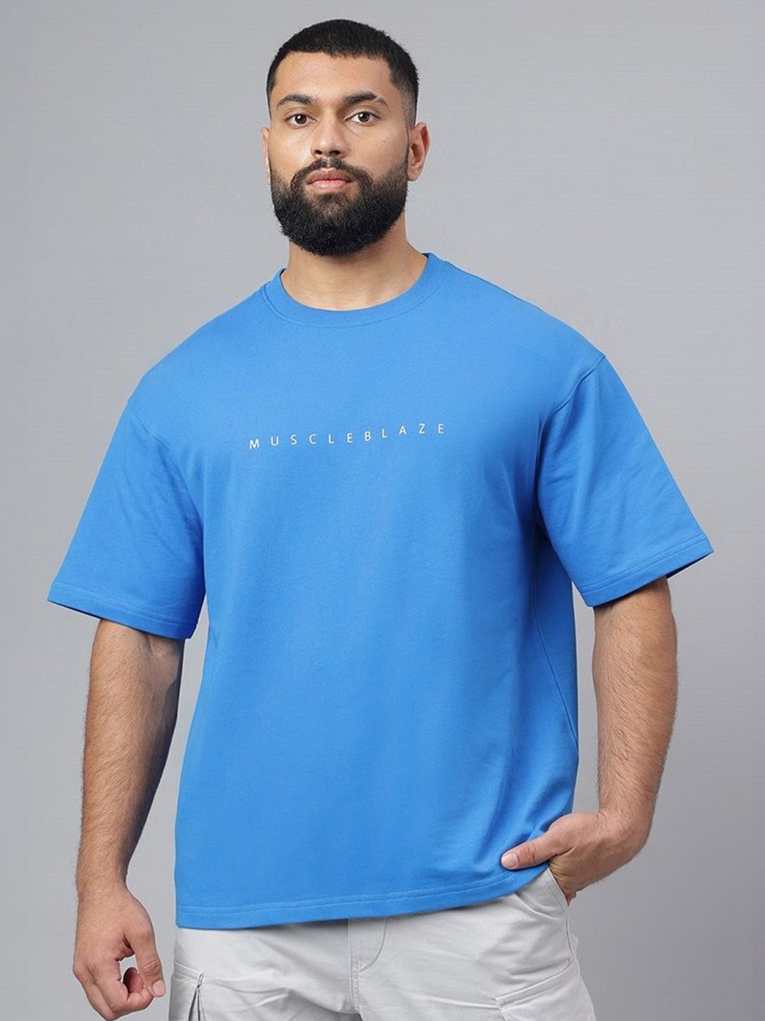 

MuscleBlaze Unisex Typography Printed Round Neck Cotton Relaxed Fit T-shirt, Blue