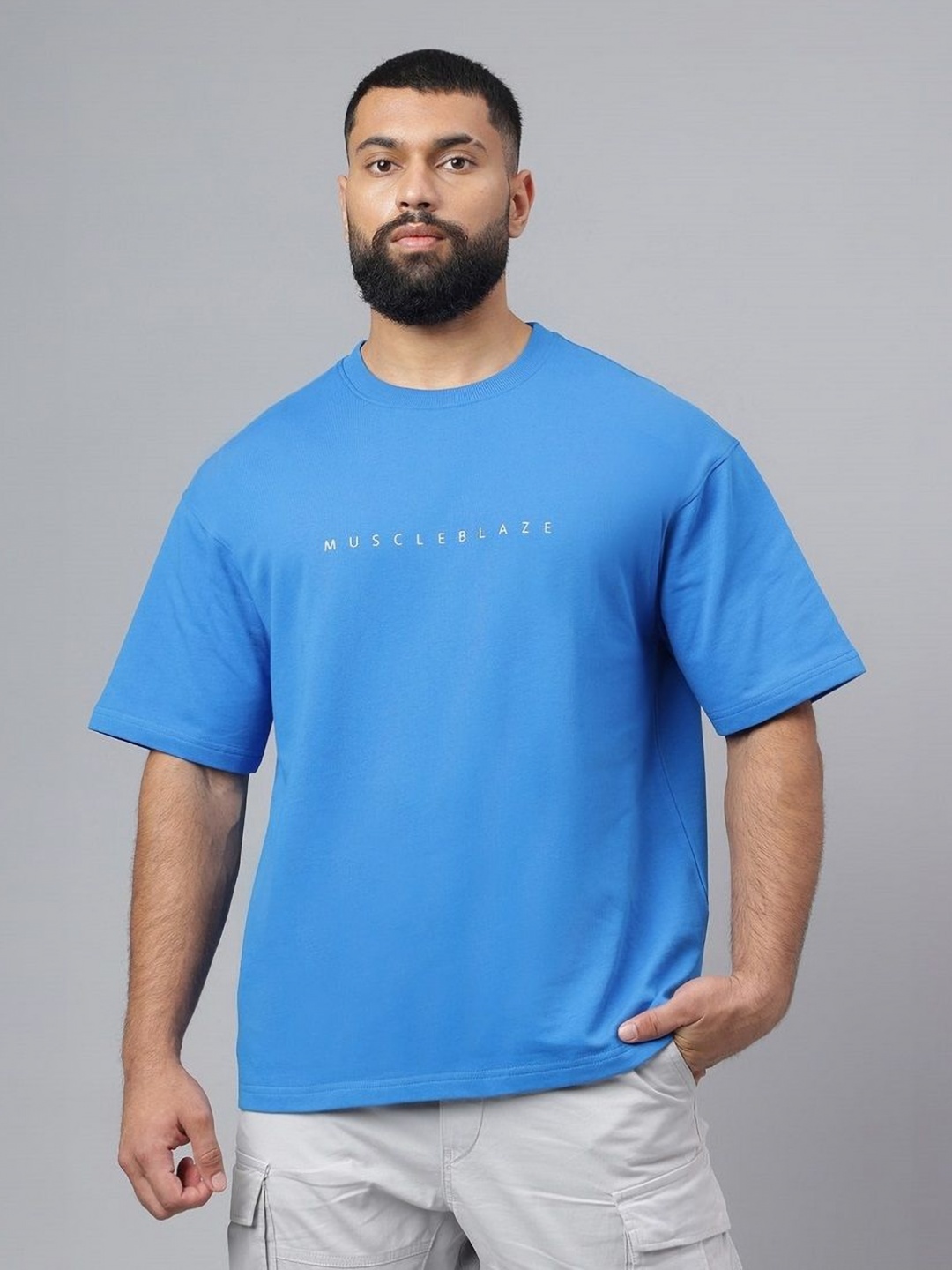 

MuscleBlaze Unisex Typography Printed Round Neck Cotton Relaxed Fit T-shirt, Blue