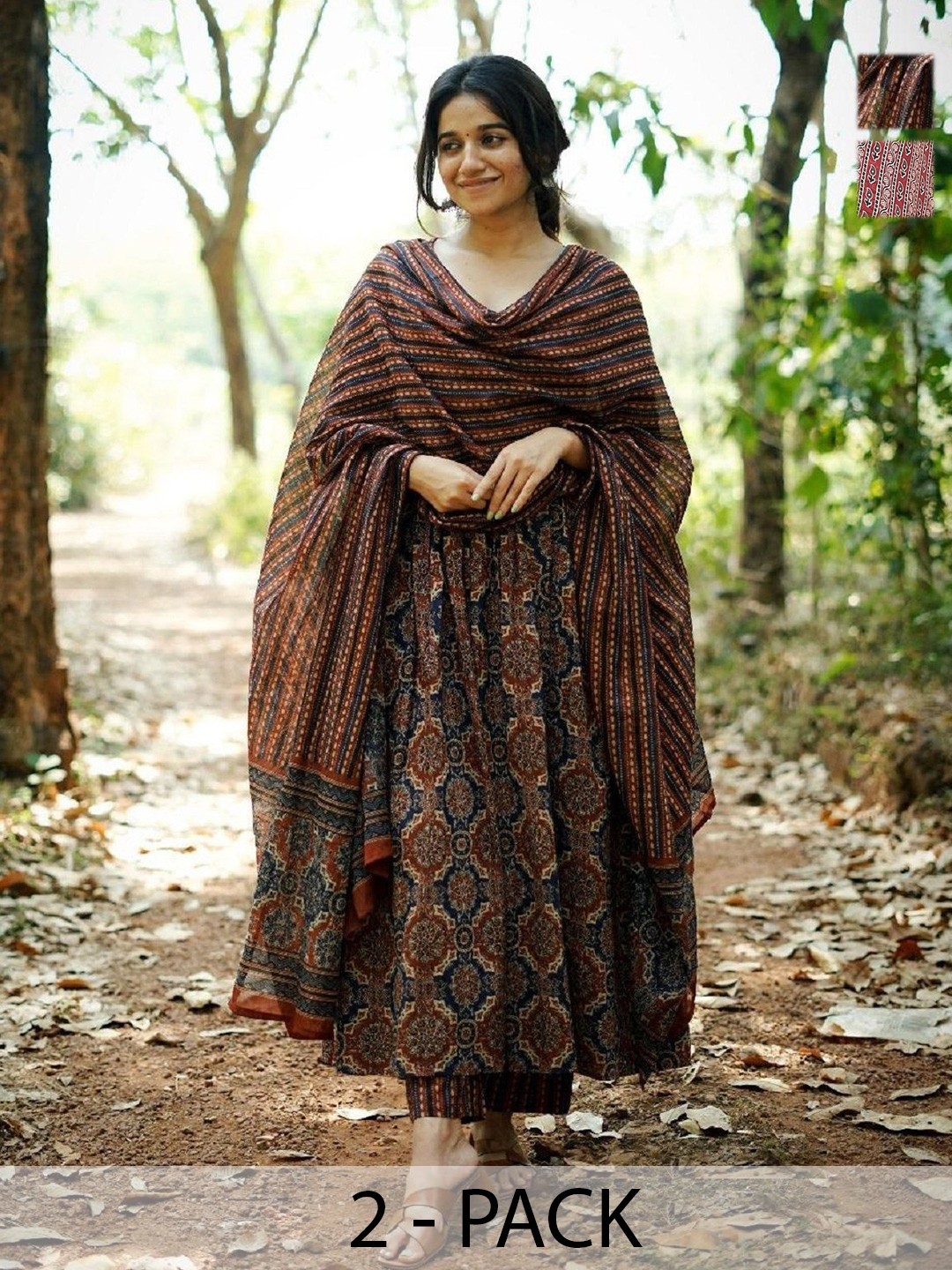

KALINI Selection Of 2 Ethnic Motifs Printed Anarkali Kurta With Trouser And Dupatta, Brown