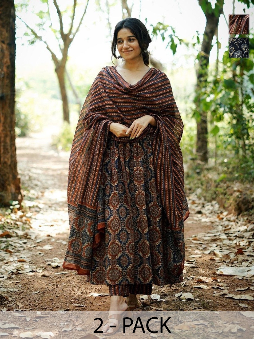 

KALINI Selection Of 2 Ethnic Motifs V-Neck Anarkali Kurtas With Trousers And Dupattas, Navy blue