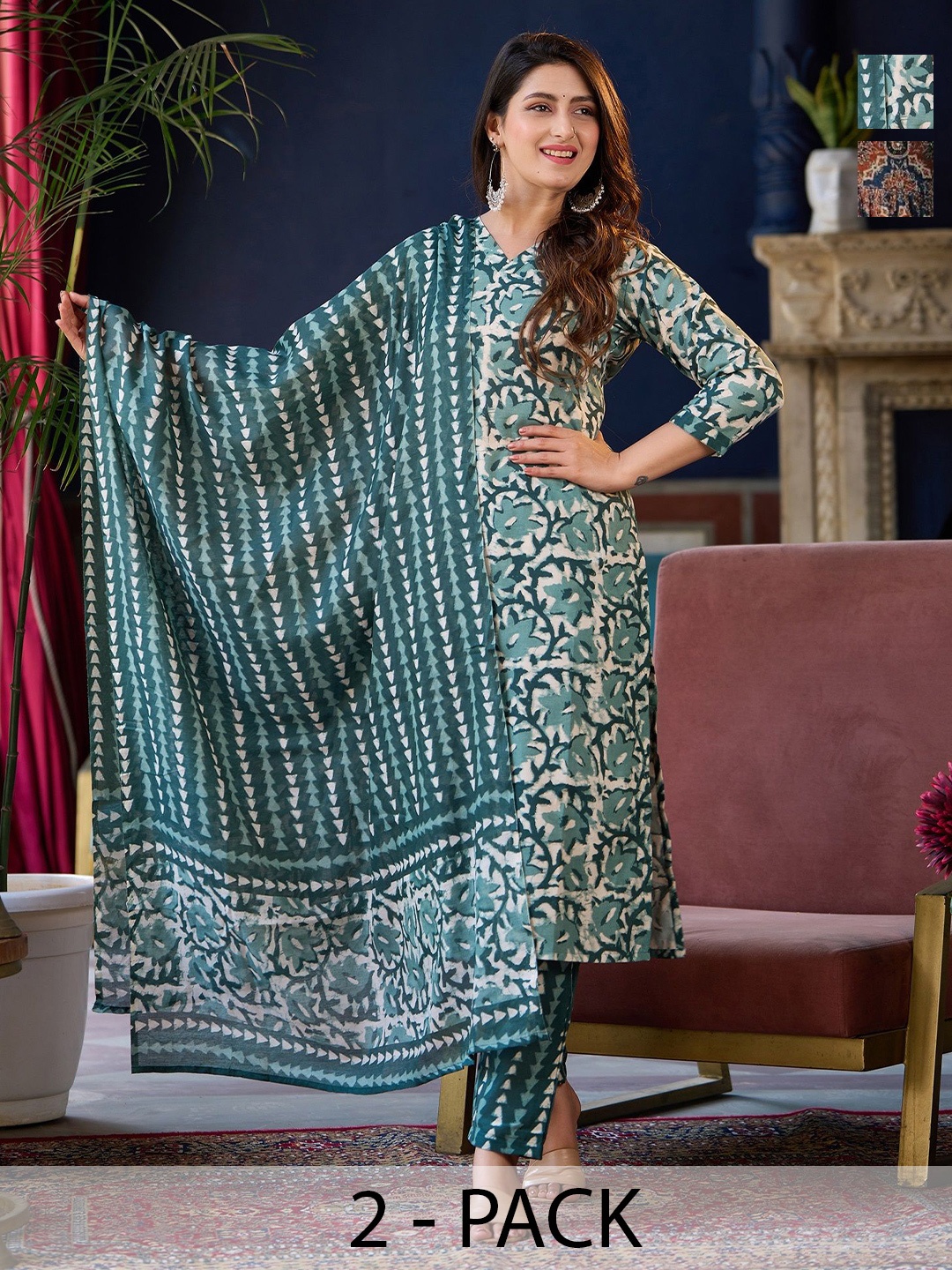 

KALINI Selection Of 2 Floral Printed V-Neck Anarkali Kurtas With Trousers And Dupattas, Off white