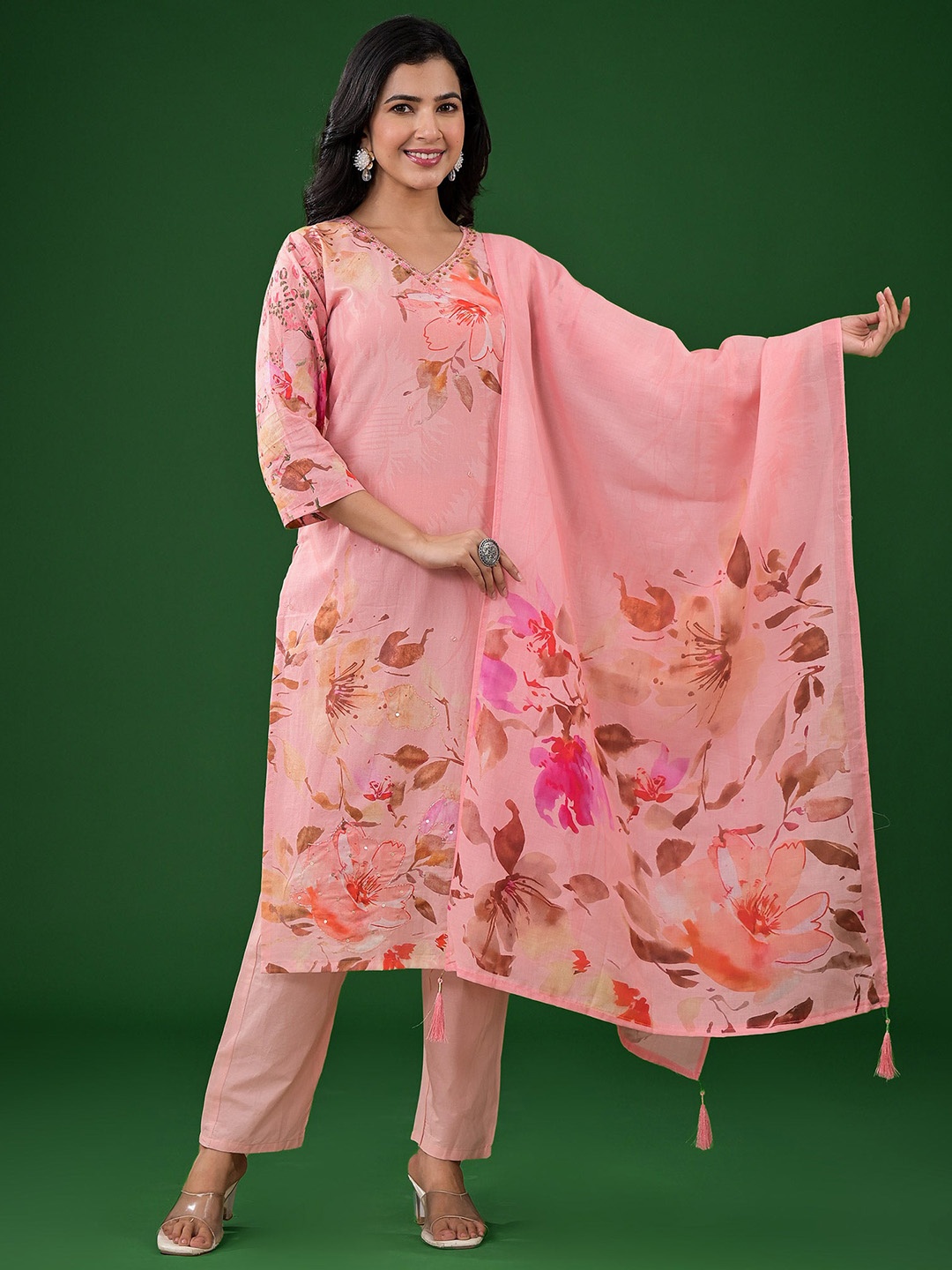 

Peachmode Floral Embroidered beads and stone V Neck Kurta With Trouser And Dupatta, Pink