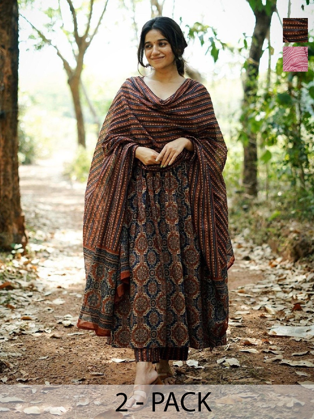 

KALINI Selection Of 2 Ethnic Motifs V-Neck Anarkali Kurtas With Trousers And Dupattas, Navy blue
