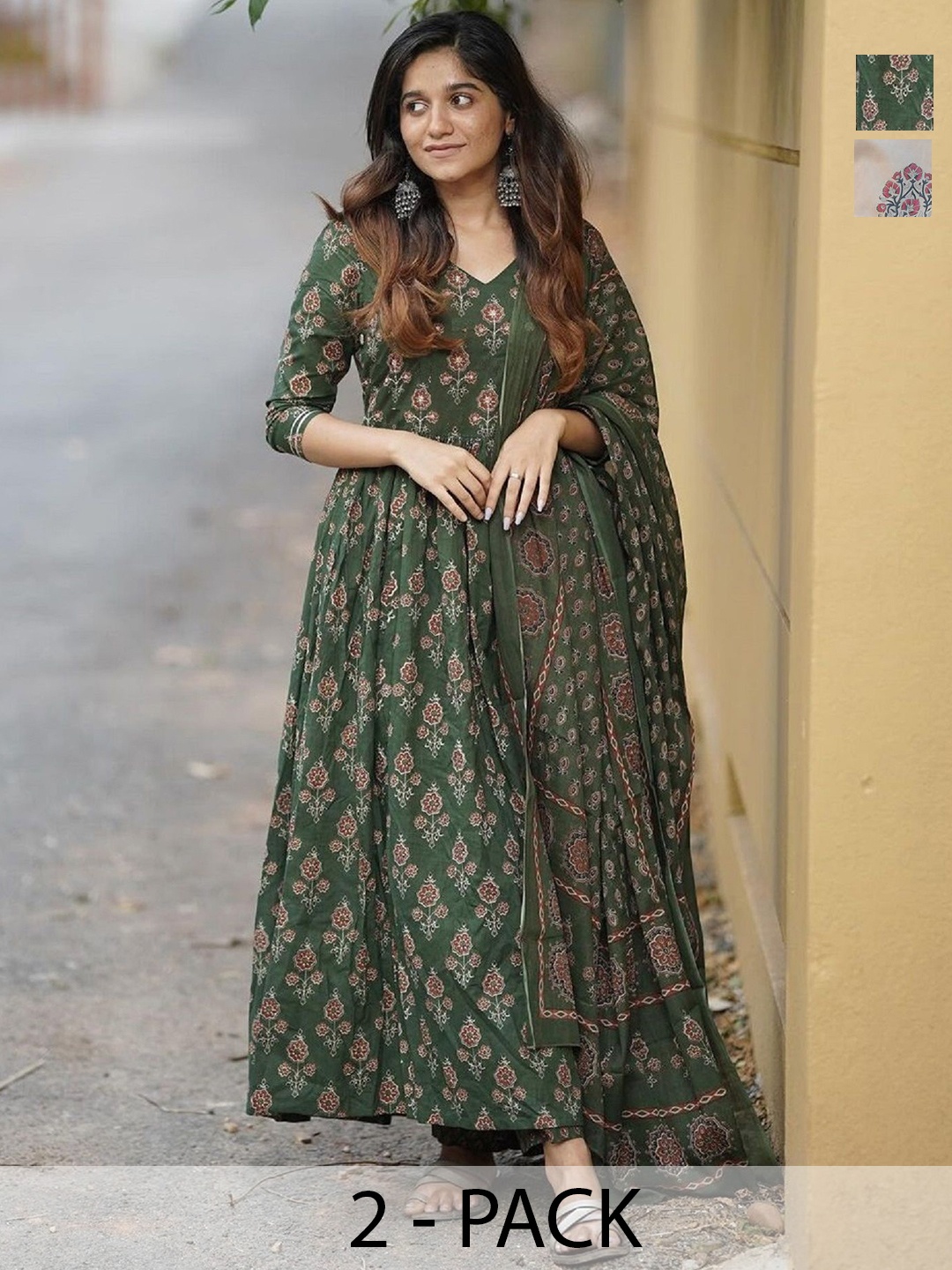 

KALINI Selection Of 2 Ethnic Motifs V-Neck Anarkali Kurtas With Trousers And Dupattas, Green