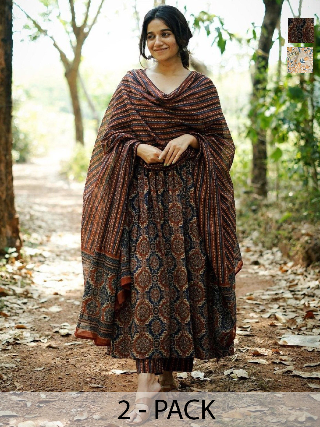 

KALINI Anjana Selection Of 2 Ethnic Motifs Printed V-Neck Kurtas With Trousers & Dupattas, Brown