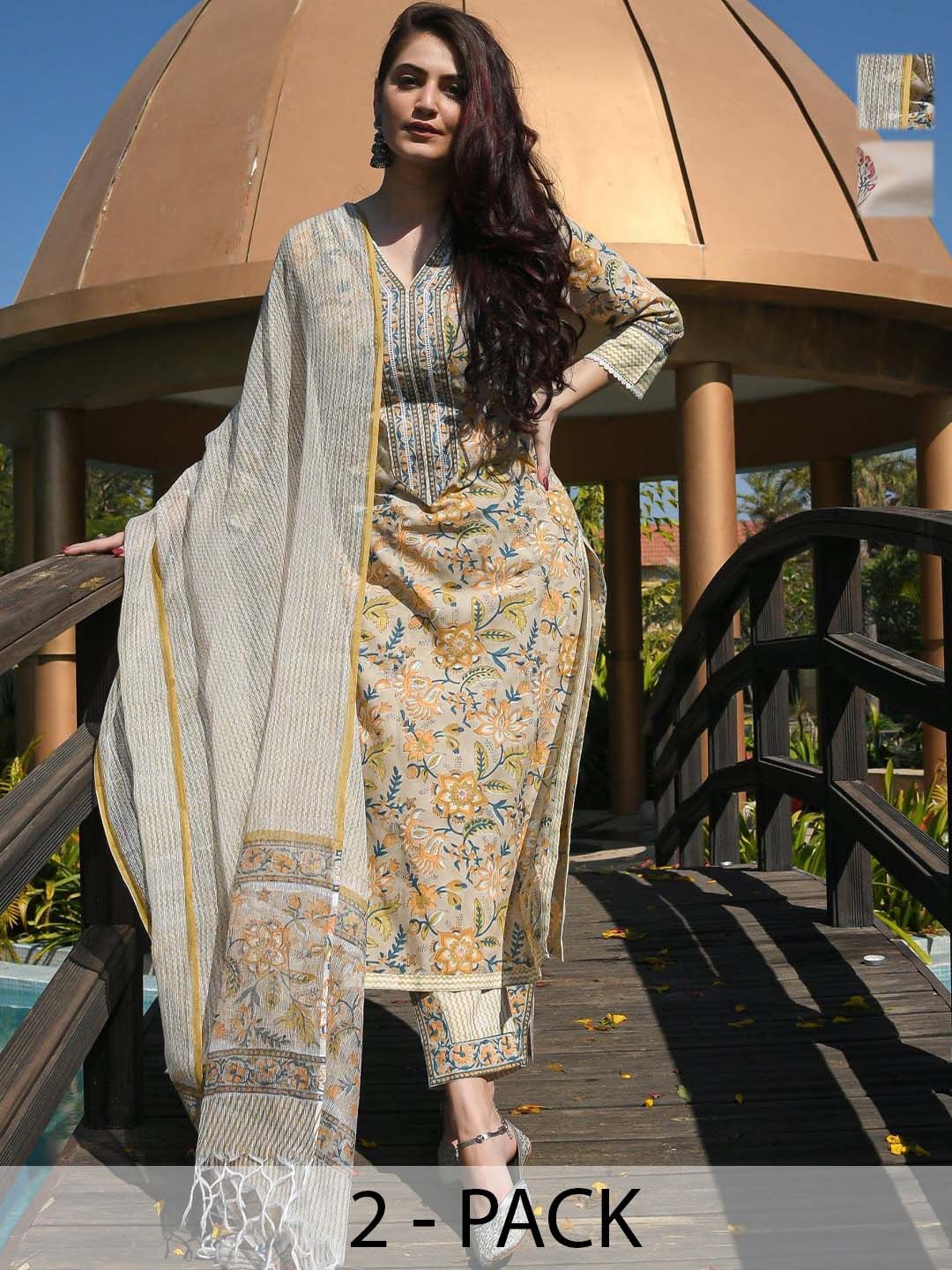 

KALINI Selection Of 2 Ethnic Motifs Printed V-Neck Kurtas With Trousers & Dupattas, White