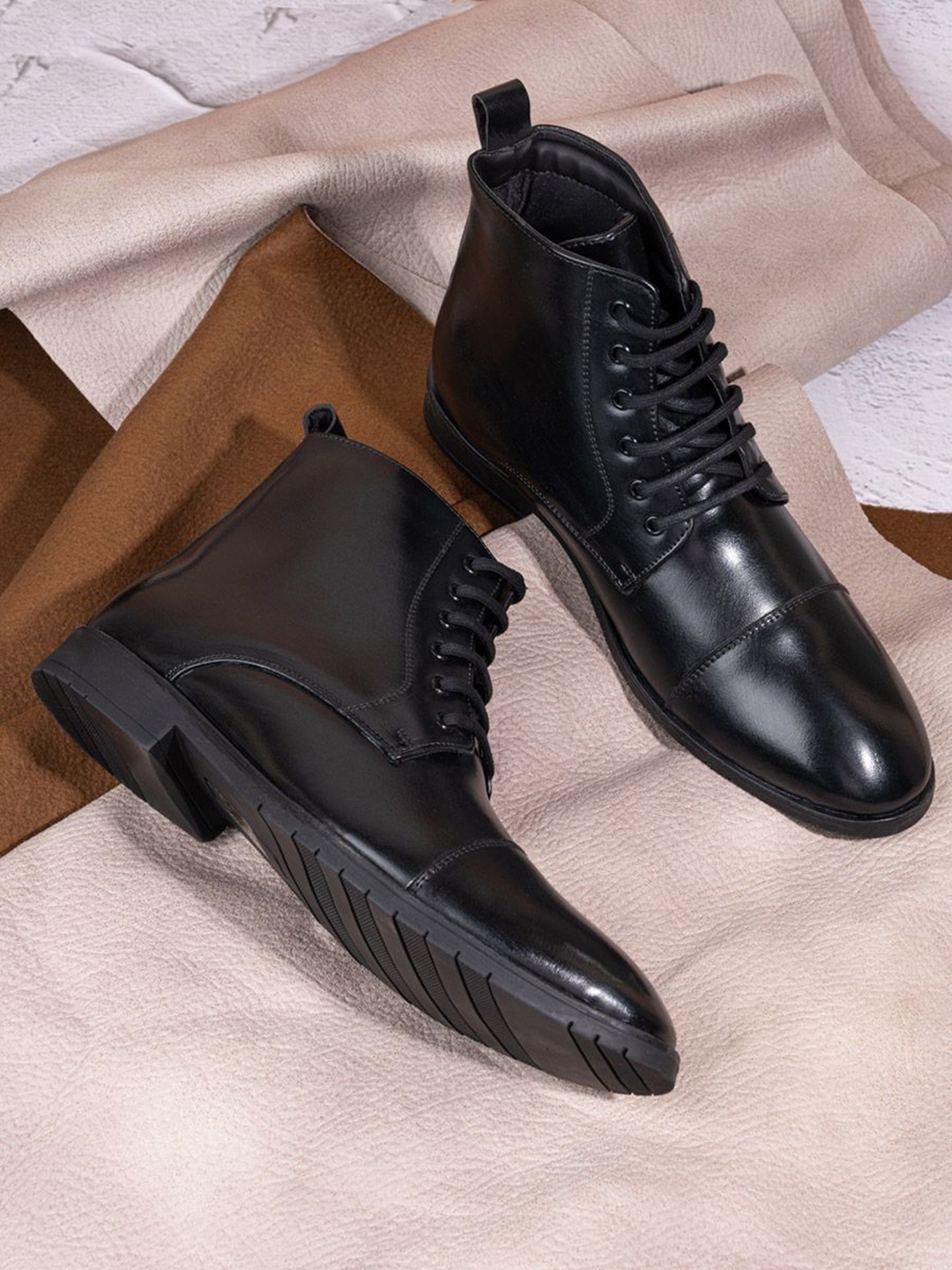 

Styli Men High Top Faux Leather Lace Up Boots, Black