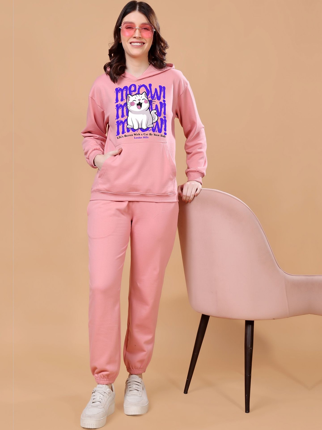 

London Hills Women Printed Sweatshirt With Joggers Co-ords, Pink
