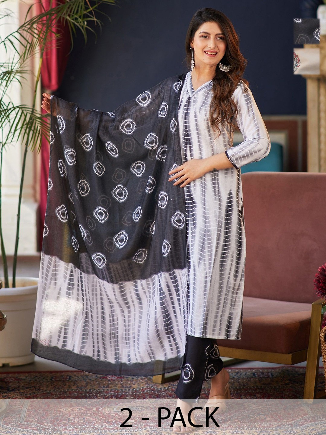 

KALINI Selection Of 2 Shibori Dyed V-Neck Straight Kurtas With Trousers And Dupattas, White