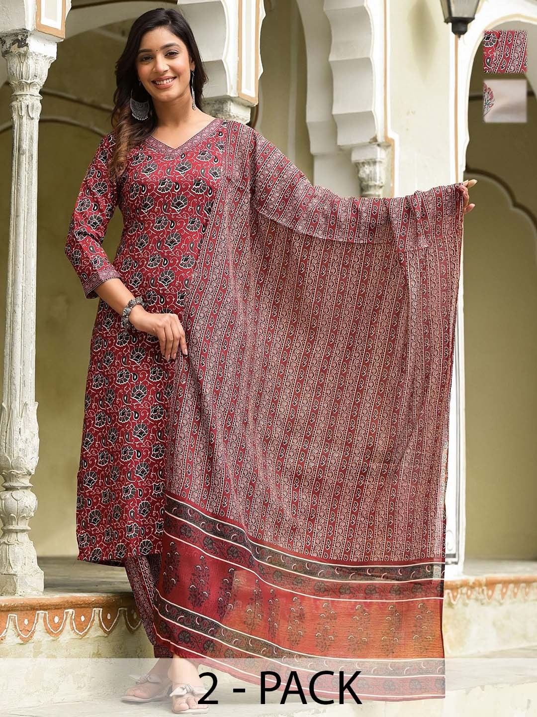 

KALINI Selection Of 2 Floral Printed V Neck Straight Kurtas With Trousers And Dupattas, Maroon