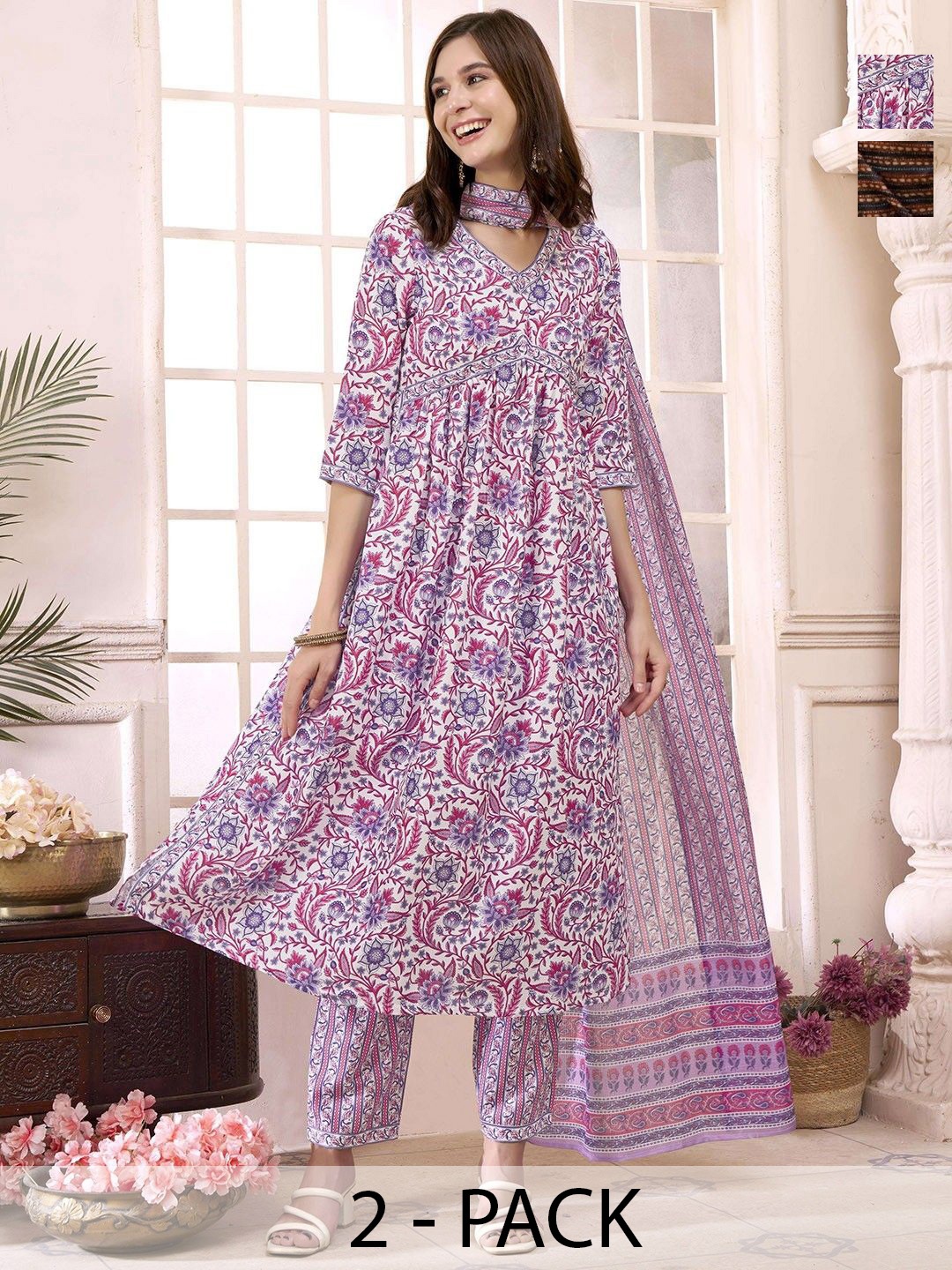 

KALINI Selection Of 2 Ethnic Motifs Printed V-Neck Kurtas With Trousers & Dupatta, Red