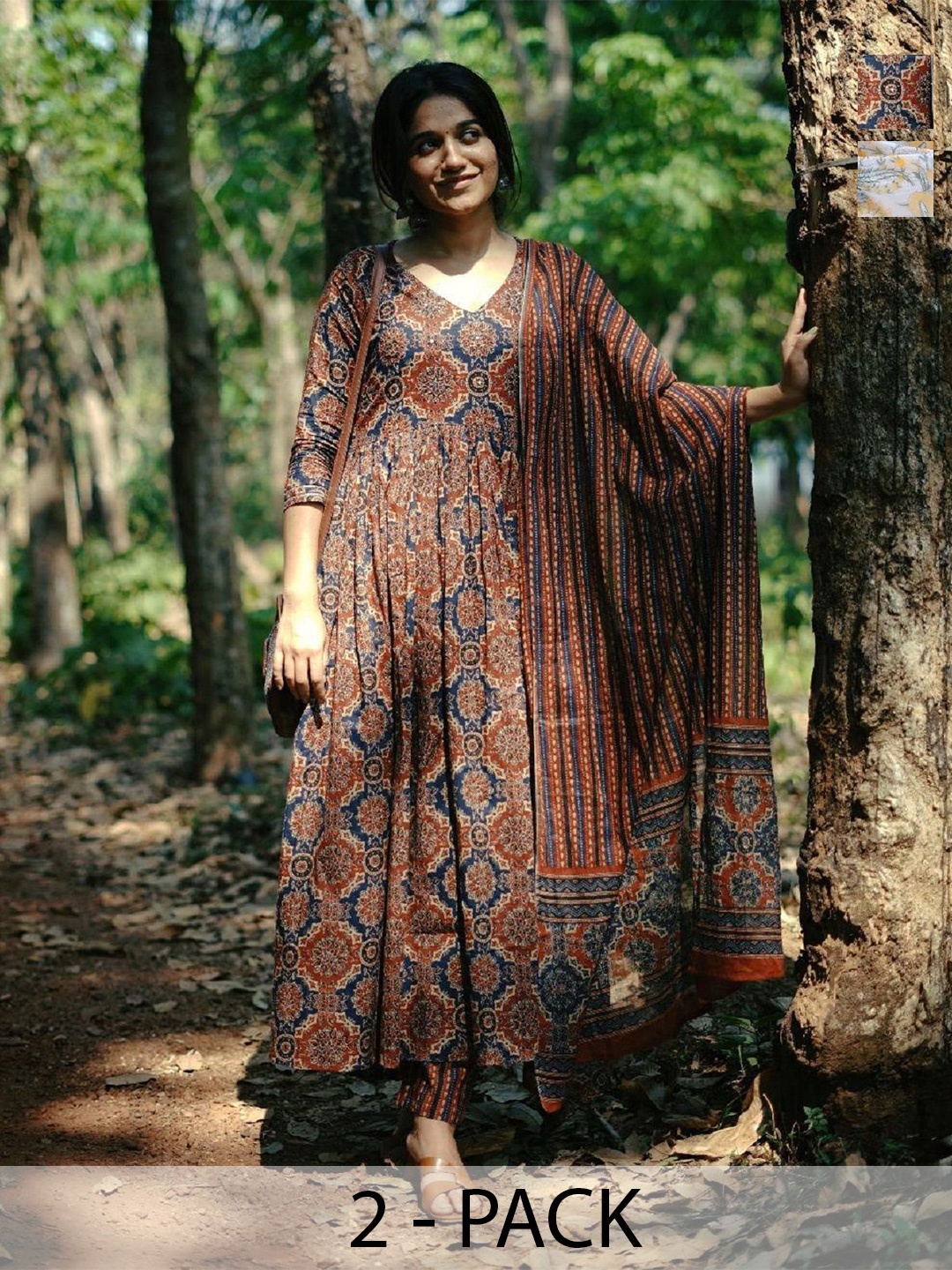 

KALINI Selection Of 2 Ethnic Motifs Printed Kurtas With Trousers & Dupattas, Brown