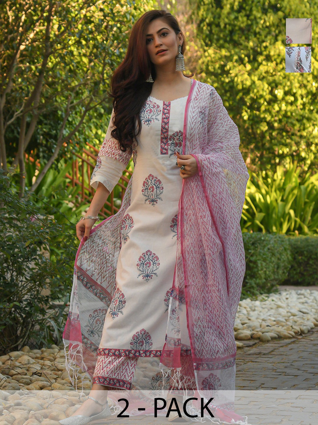 

KALINI Selection Of 2 Ethnic Motifs Printed Kurtas With Trousers & Dupattas, White