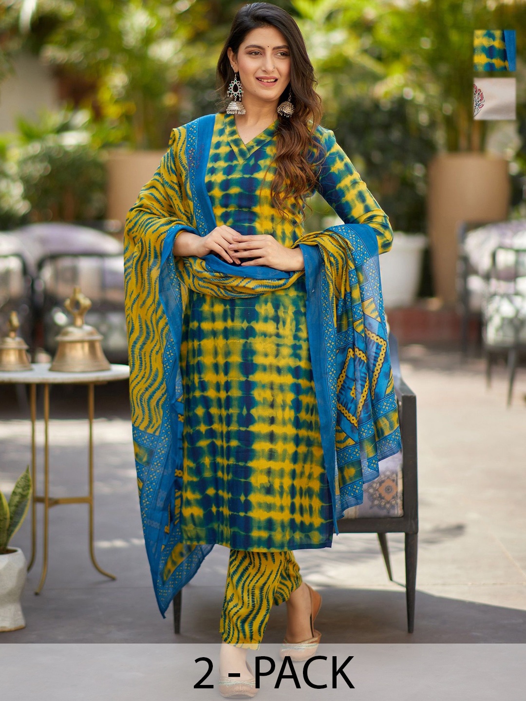 

KALINI Selection Of 2 Shibori Dyed Printed Kurtas With Trousers And Dupattas, Yellow