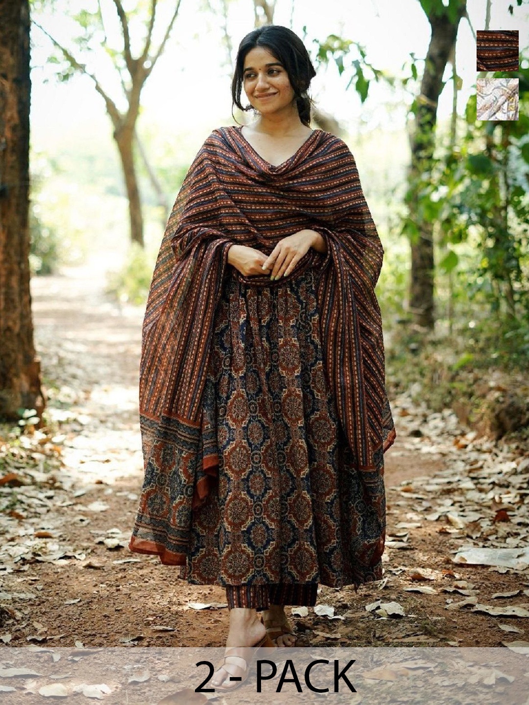 KALINI Selection Of 2 Ethnic Motifs Printed Kurtas With Trousers And Dupattas, Brown