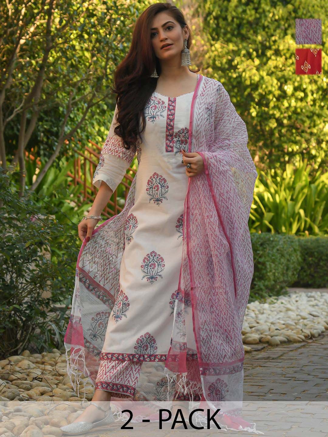 

KALINI Selection Of 2 Floral Printed Sweetheart Neckline Kurtas With Trousers & Dupattas, White