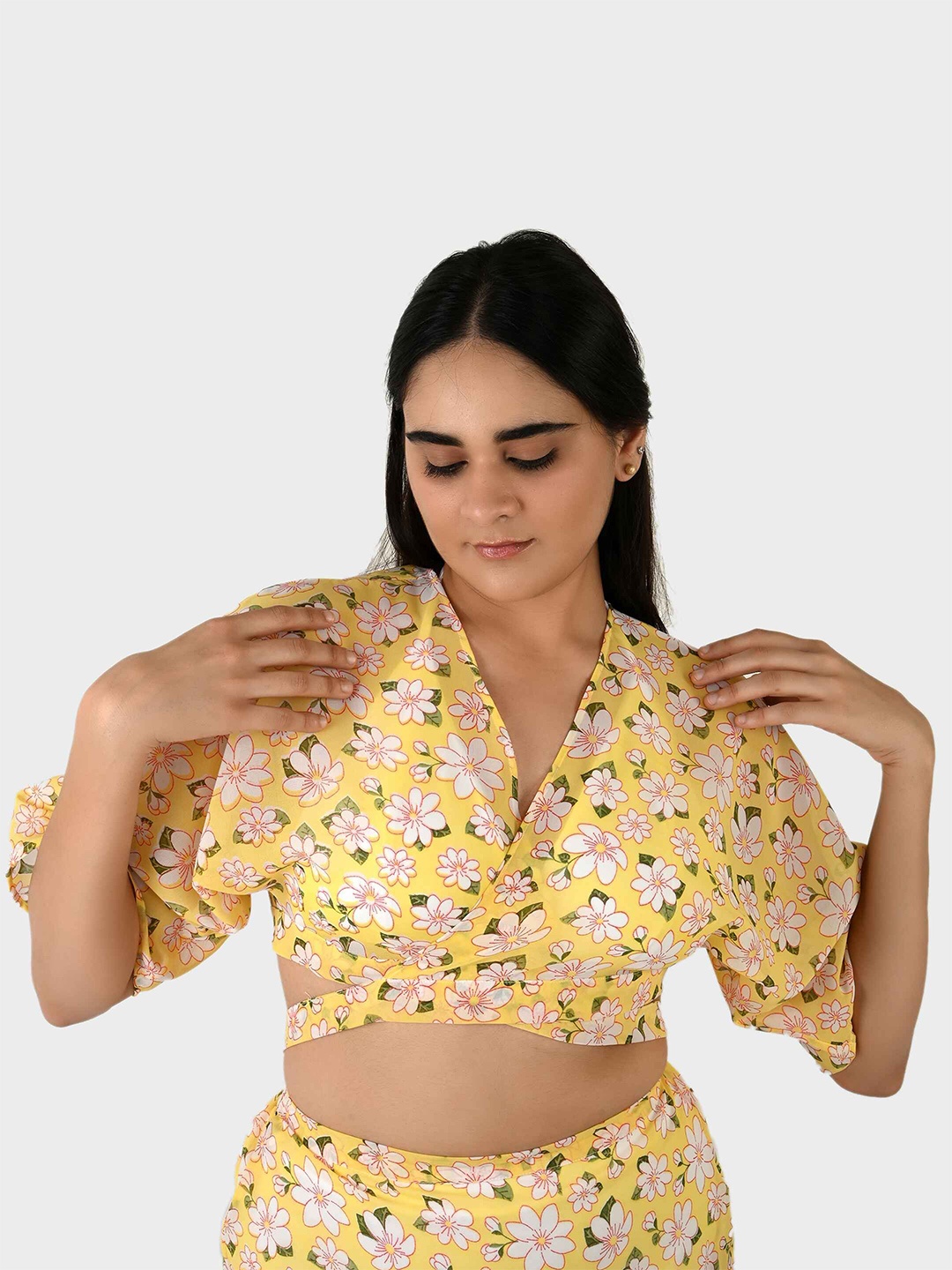 

Blissence Women Floral Printed Overlapping Cover up Top, Yellow