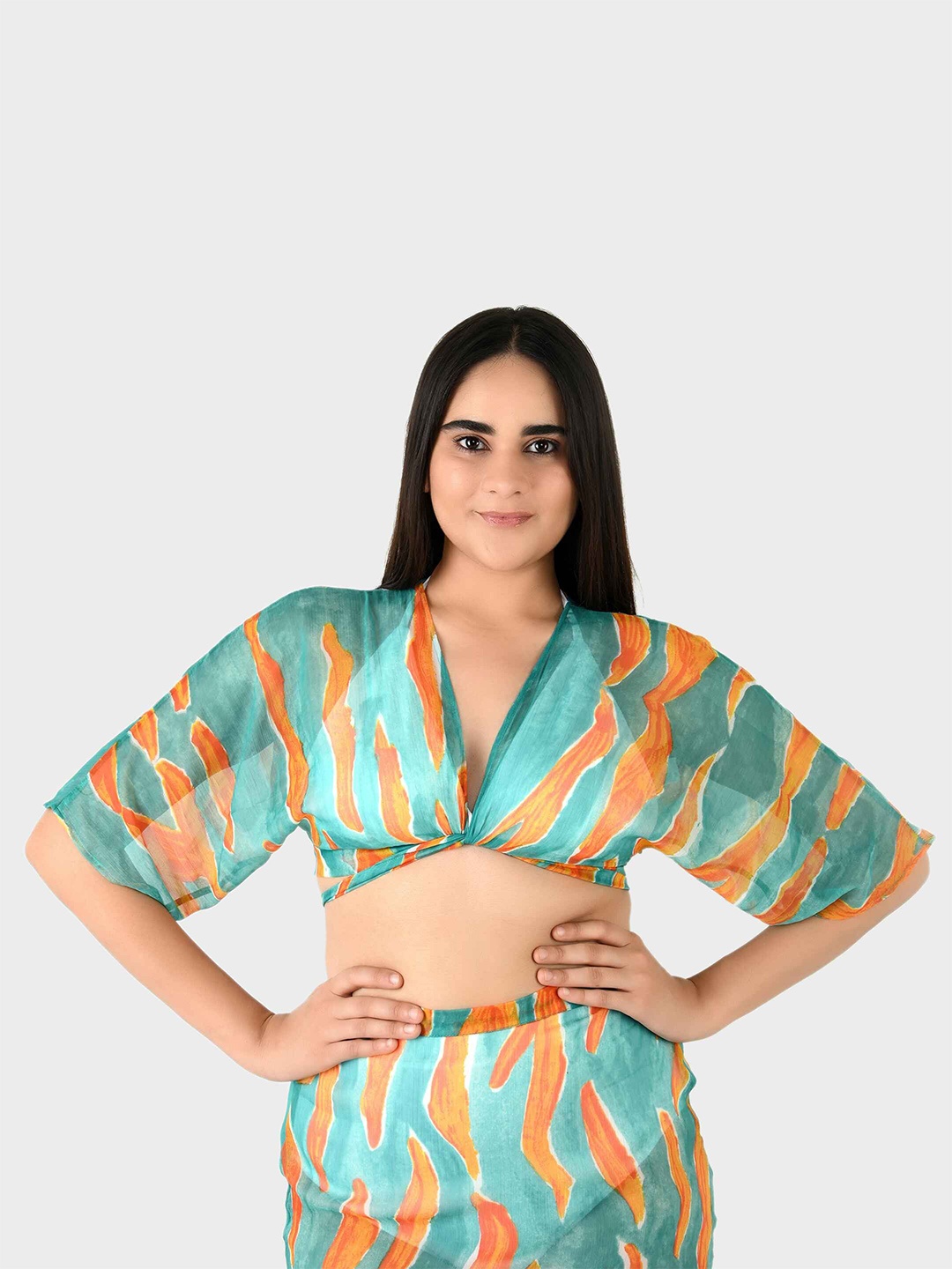 

Blissence Women Abstract Printed Overlapping Swimwear Cover up Top, Sea green
