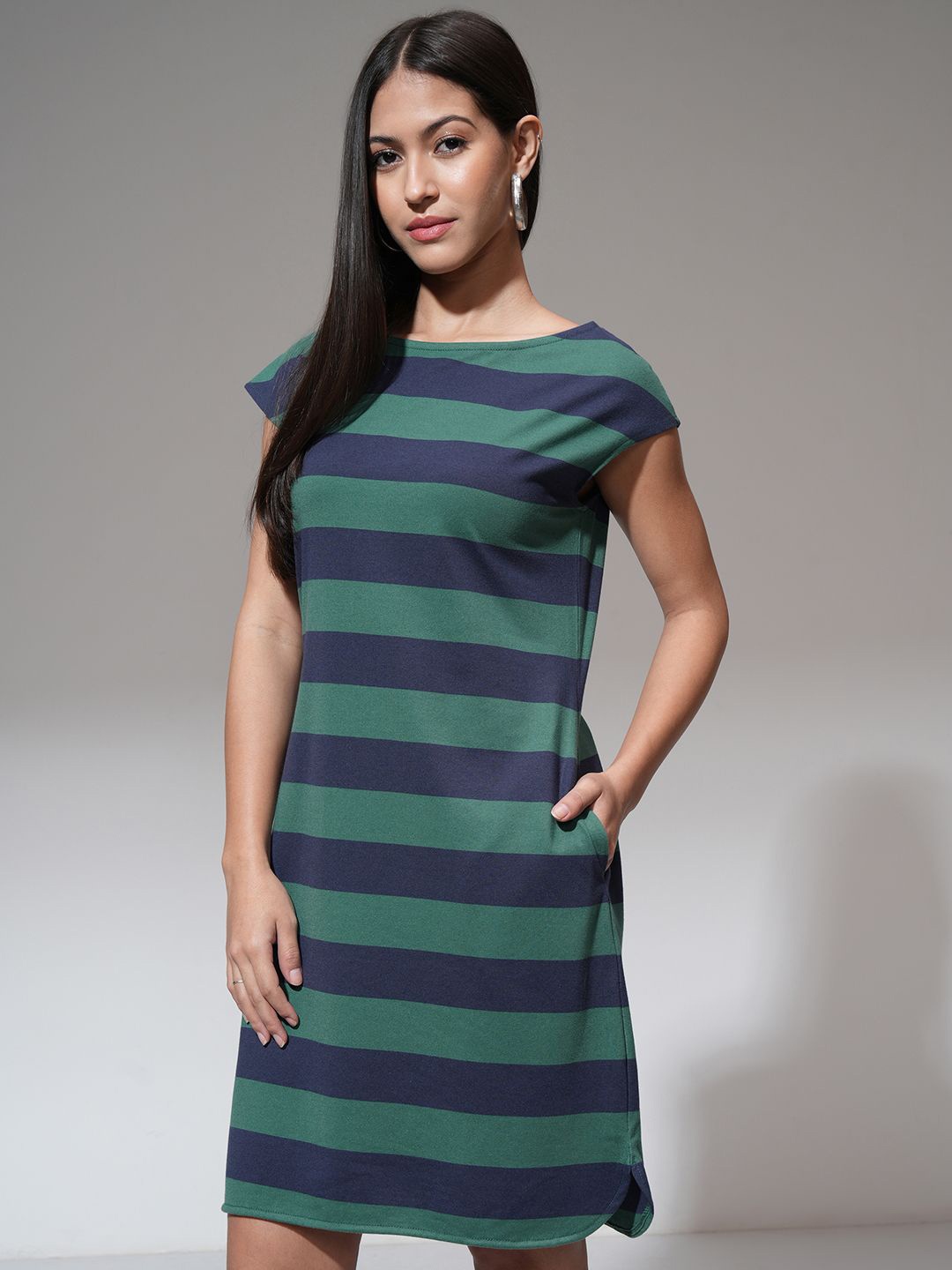 

Tokyo Talkies Women Striped T-shirt Mini Dress, Green