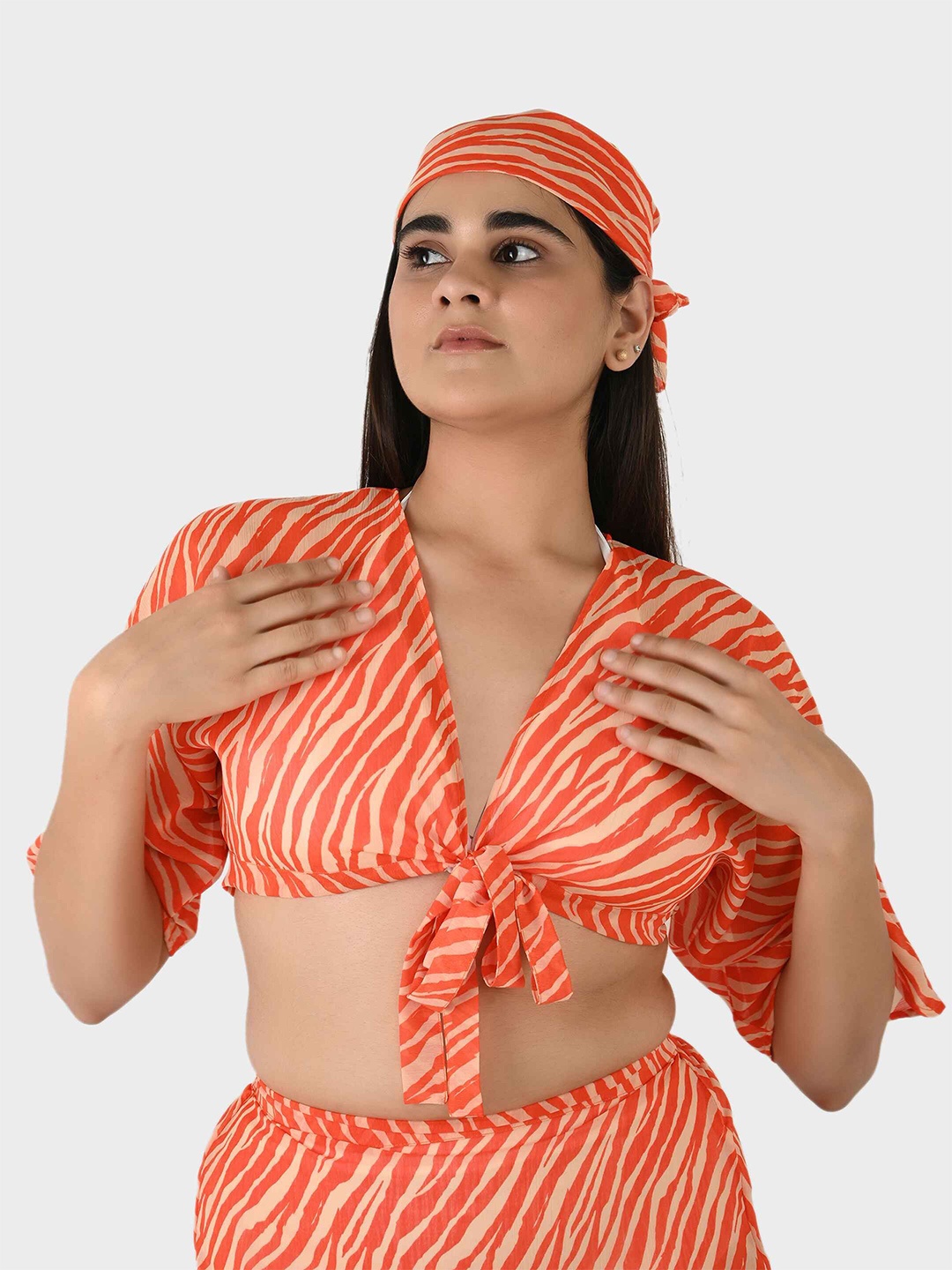 

Blissence Women Abstract Printed Tie Up Swimwear Cover Up Top, Orange