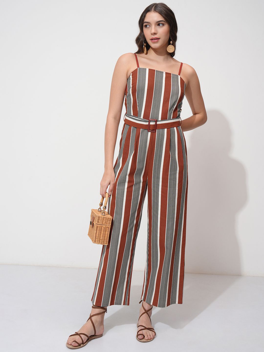 

Tokyo Talkies Women Striped Basic Jumpsuit, Rust