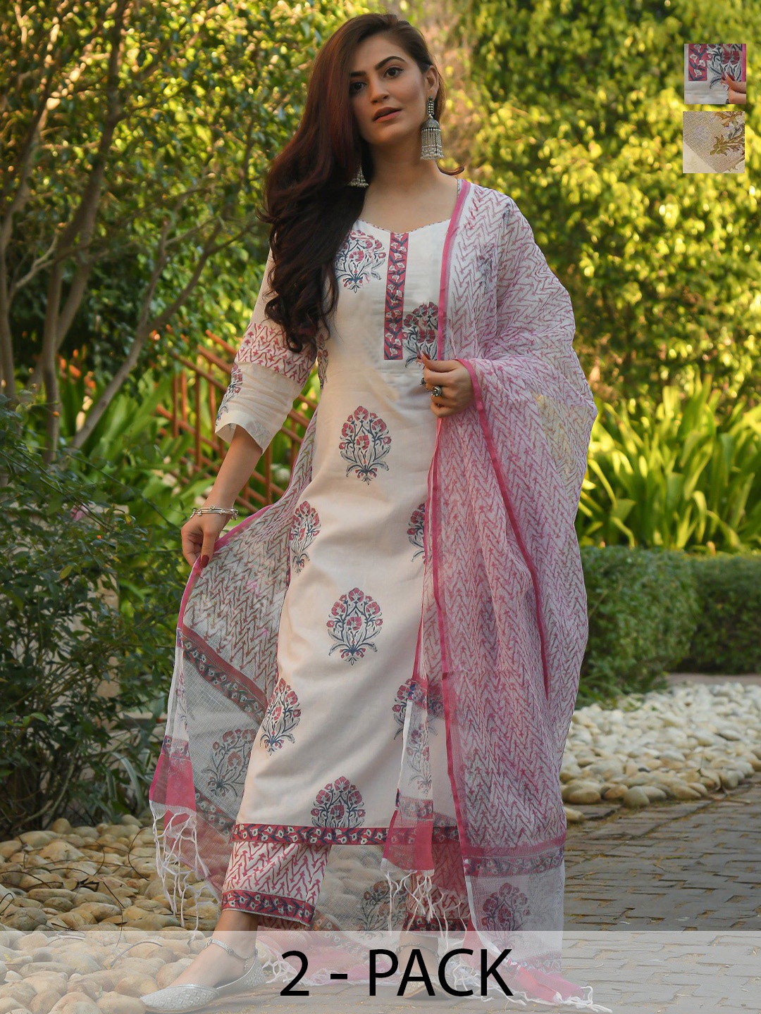 KALINI Selection of 2 Ethnic Motifs Printed Straight Kurta with Trousers and Dupatta, Yellow