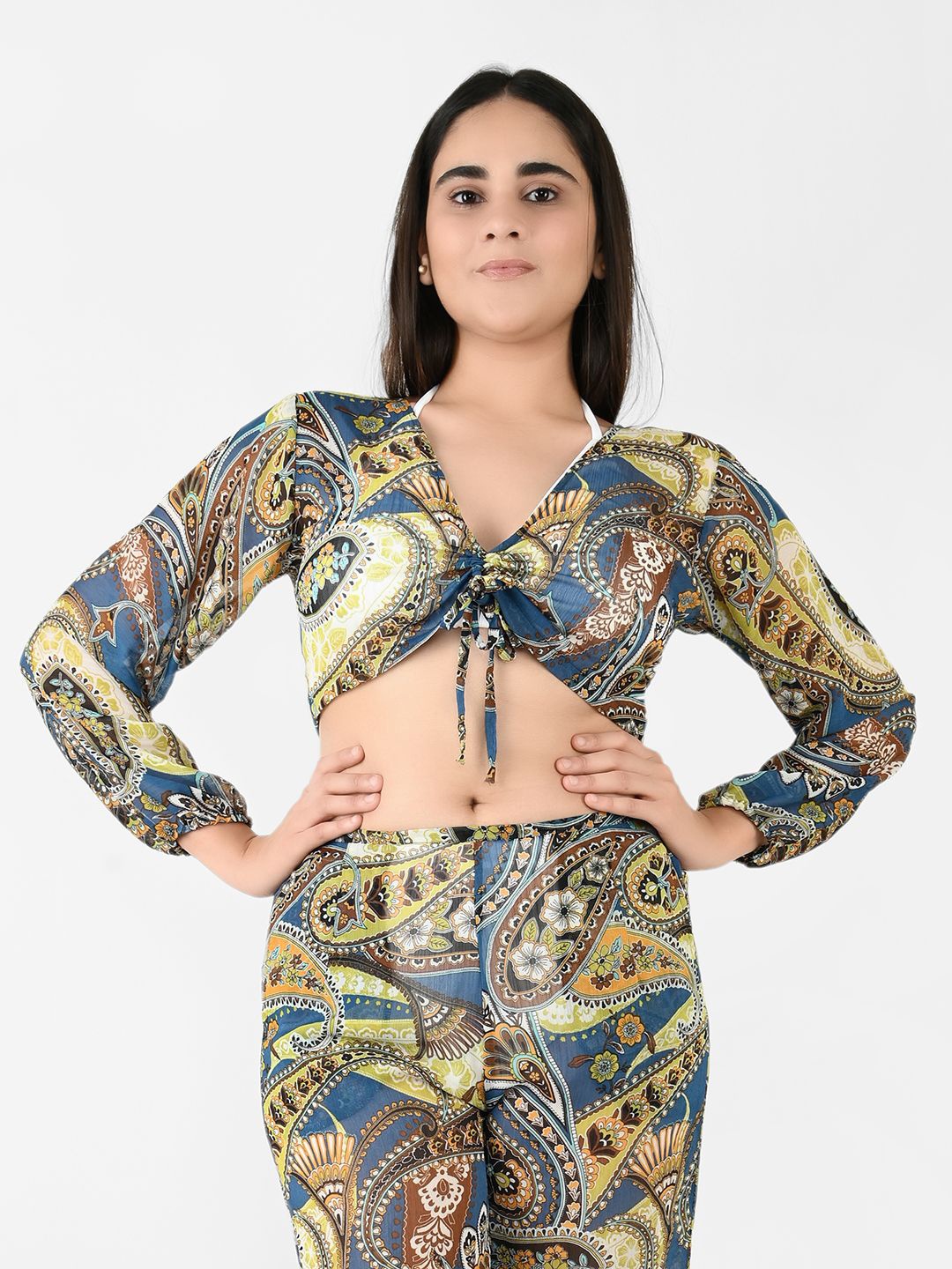 

Blissence Women Paisley Printed Tie Up Swimwear Cover Up Top, Blue