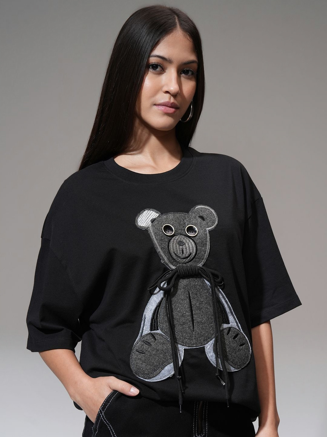 

Tokyo Talkies Women Graphic Printed Round Neck Cotton Oversized T-shirt, Black