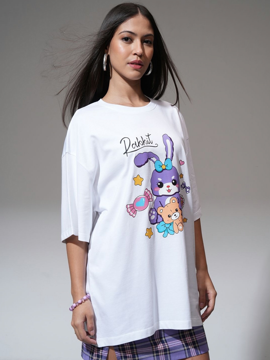 

Tokyo Talkies Women Graphic Printed Round Neck Cotton Oversized T-shirt, White