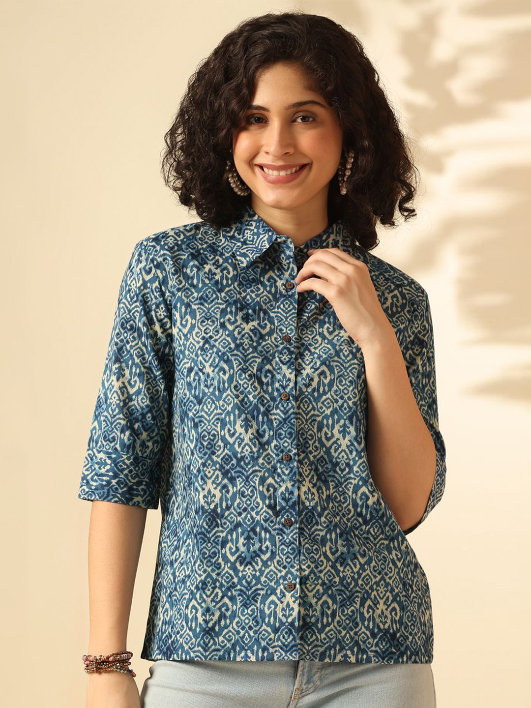 

Anouk Women Relaxed Fit Spread Collar Ethnic Motifs Printed Casual Shirt, Navy blue