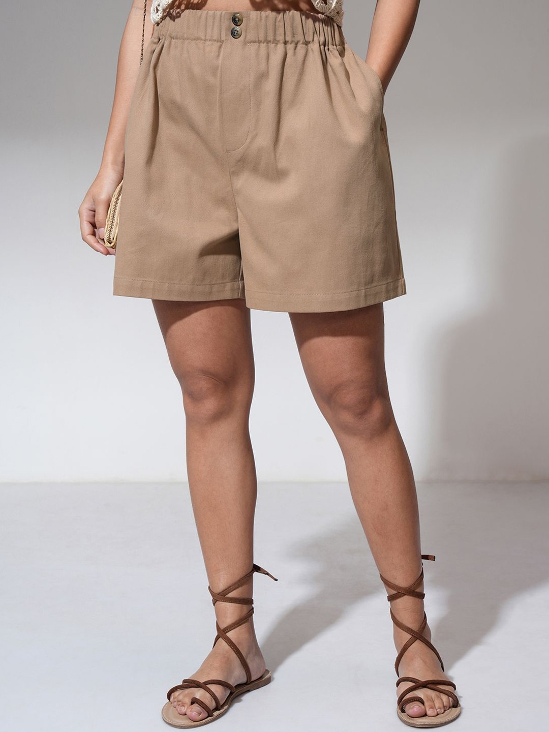 

Tokyo Talkies Women Cotton High-Rise Elasticted Waist Relaxed Fit Shorts, Brown