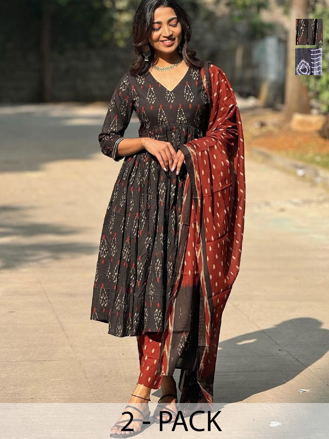 

KALINI Selection Of 2 Ethnic Motif Printed Kurtas With Trousers And Dupattas, Black