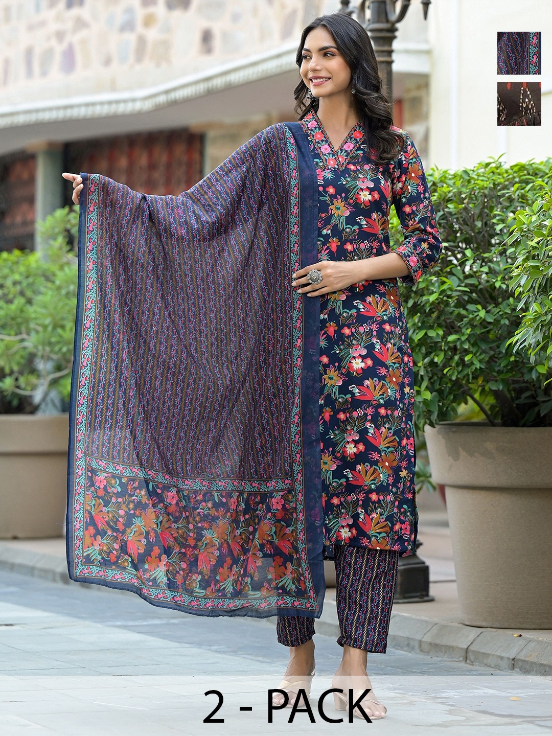 

KALINI Selection Of 2 Floral Printed V-Neck Straight Kurtas With Trousers And Dupattas, Blue