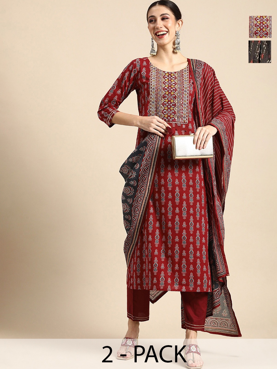 

KALINI Selection Of 2 Ethnic Motifs Printed Thread Work Kurtas With Trousers And Dupattas, Red